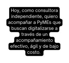 Hoy como consultora independiente quiero acompañar a PyMEs que buscan digitalizarse a través de un acompañamiento efectivo ágil y de bajo costo